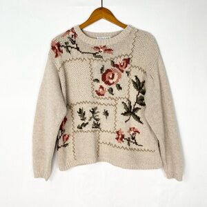 Vintage Chrysantheme Hand Knitted Sweater Floral Heavyweight Chunky Round‎ Neck